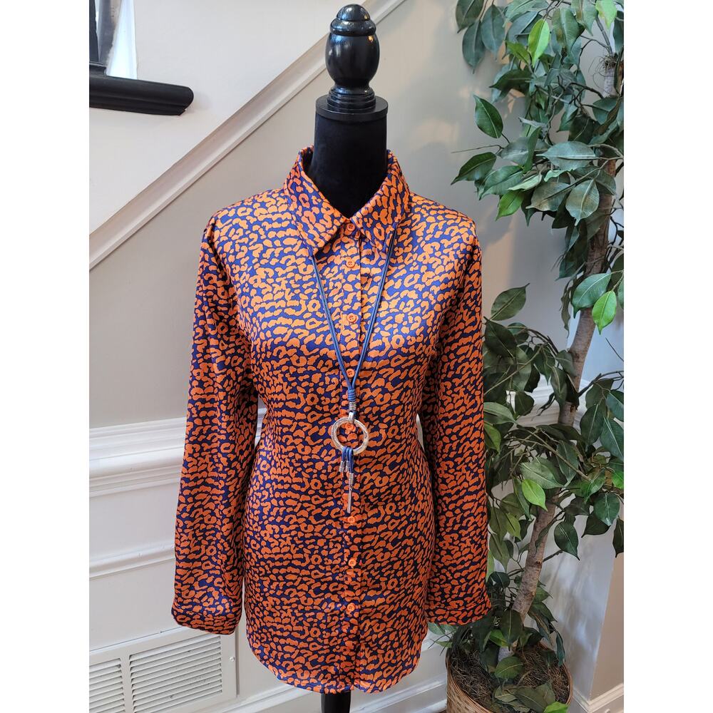 PrettyLittleThing Blouse Women's Size 10 Orange Blue Leopard Print Button Up Top